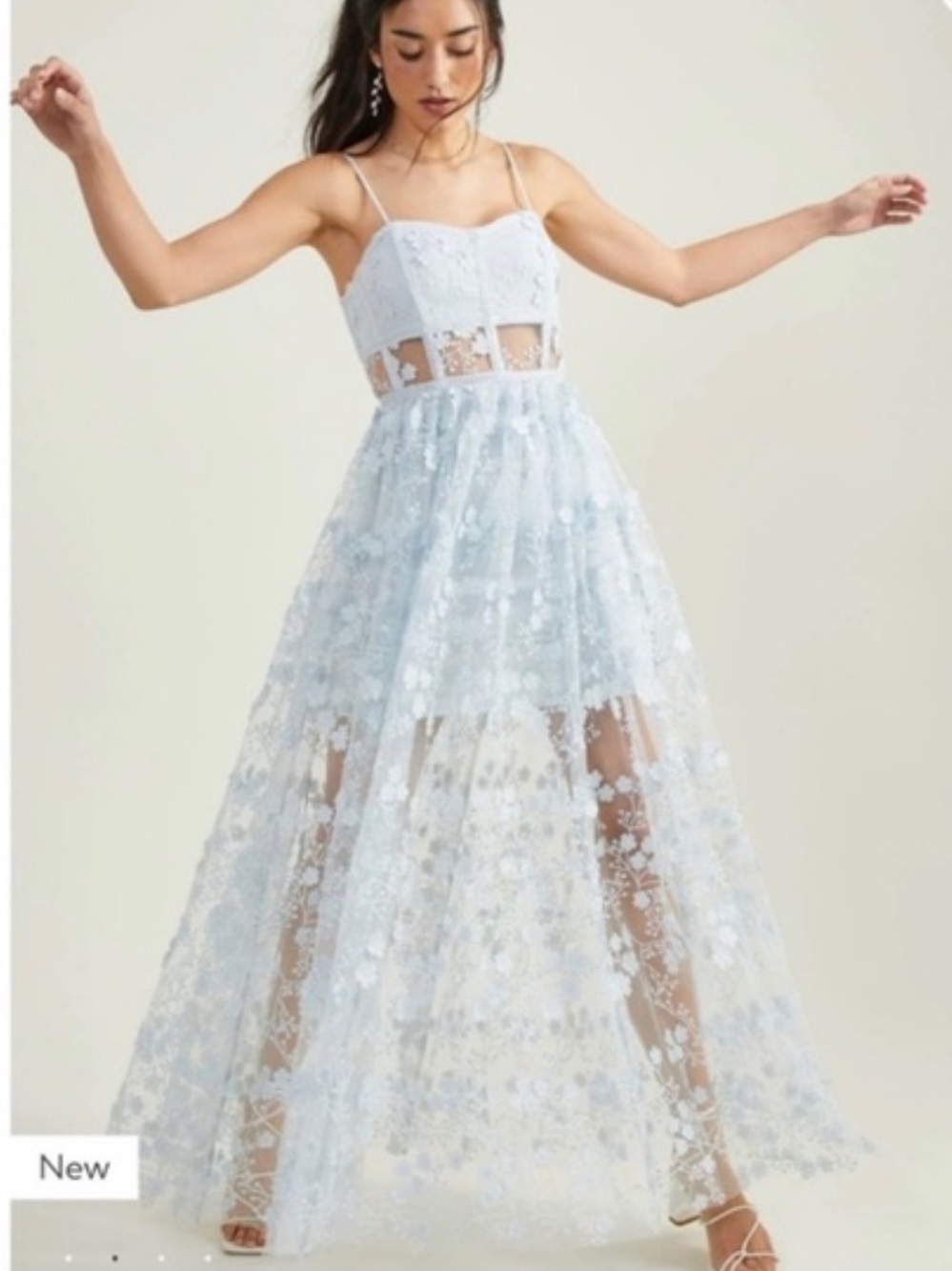 ALTRD STATE Light Blue Floral Lace Maxi Dress with Spaghetti Straps